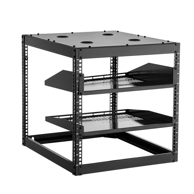 Baie serveur ouverte 10U, profondeur 23 pouces, haute capacité de charge, montage mural ou sur pied, avec accessoires de montage. Accès réseau multi-angles, pour équipements audiovisuels et informatiques.
