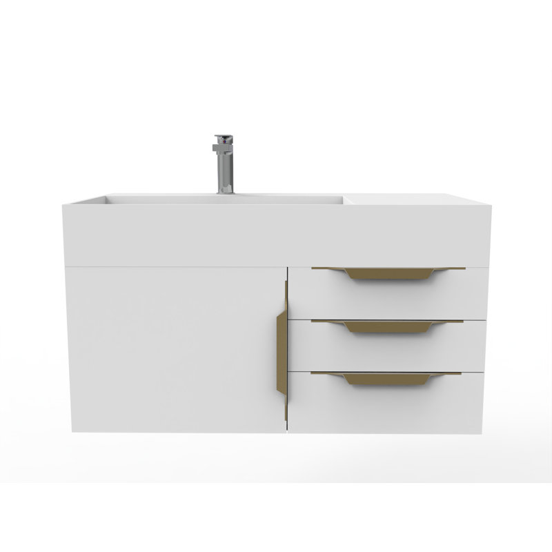 Ensemble de meuble-lavabo mural simple 36 po Bassi, Blanc, Blanc, Doré