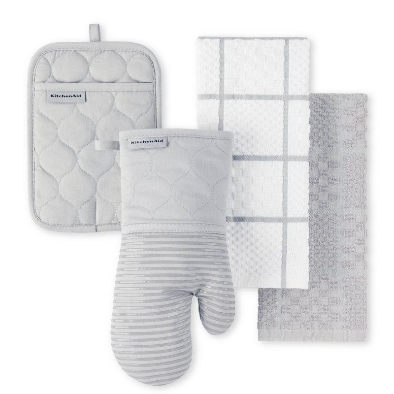 Ensemble de 4 serviettes de cuisine matelassées, gant de cuisine et poignées KitchenAid, Gris mat