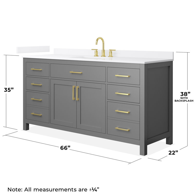 Beckett 66" Freestanding Single Bathroom Vanity with Quartz Top, Brushed Gold, White Quartz, Dark Gray