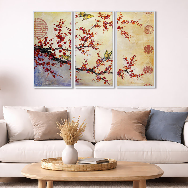 Butterfly Blossoms-Asian - Cottage_General, ensemble d'art mural sur toile encadrée, 3 pièces, H 28 po x l 36 po x P 1 po