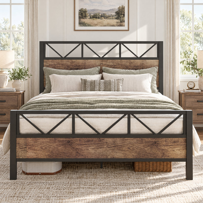 Bed Frame with Tall 51.2 Inch Industrial Headboard, Platform Bed Frame with Strong Metal Support, Solid and Stable, Noise Free, No Box Spring Needed, Easy Assembly