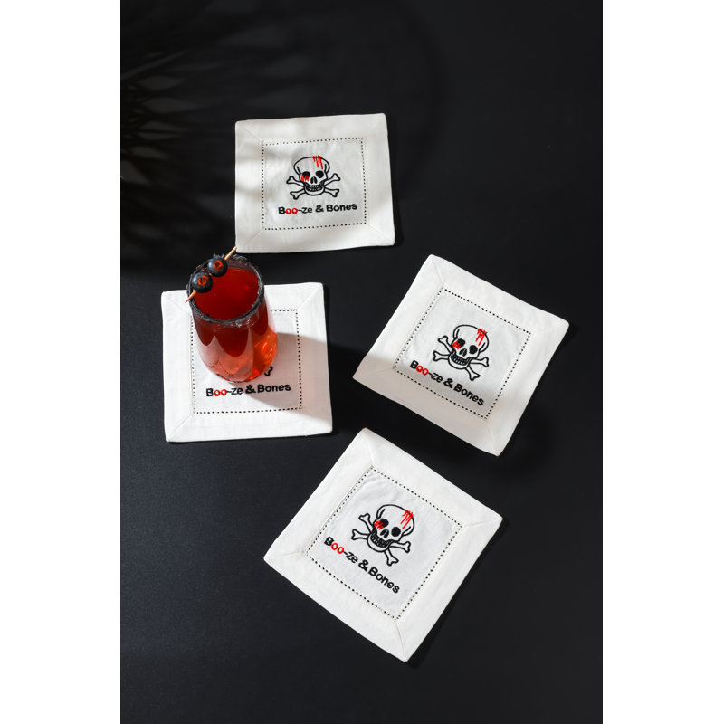 "Boo-ze & Bones" Cocktail Napkins Set, Black/Red Boo-ze & Bones