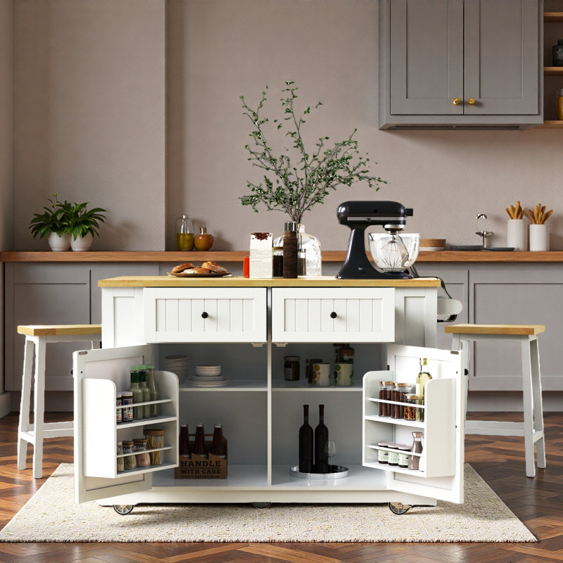 Large Rolling Kitchen Island With 2 Bar Stools, Drop Leaf, Power Outlet, Internal Storage Racks, 5 Open Side Racks, 2 Drawers
