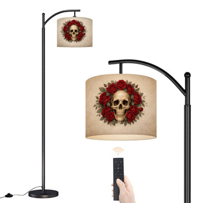 Lampe sur pied à arc avec crâne, roses rouges, gothique, rétro, esthétique esthétique, lampes sur pied avec télécommande, abat-jour à DEL, abat-jour réglables pour lampes de bureau