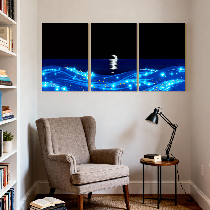 Ensemble de 3 impressions sur toile Blue Waves Moon Night Sparkle Light Ocean Glow, H 30 po x l 60 po