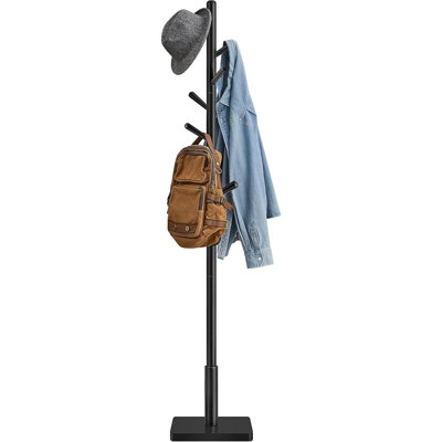 Solid Wood Freestanding Coat Rack with 8 Hooks, 3 Adjustable Heights, Ink Black, Space-Saving Coat Tree
