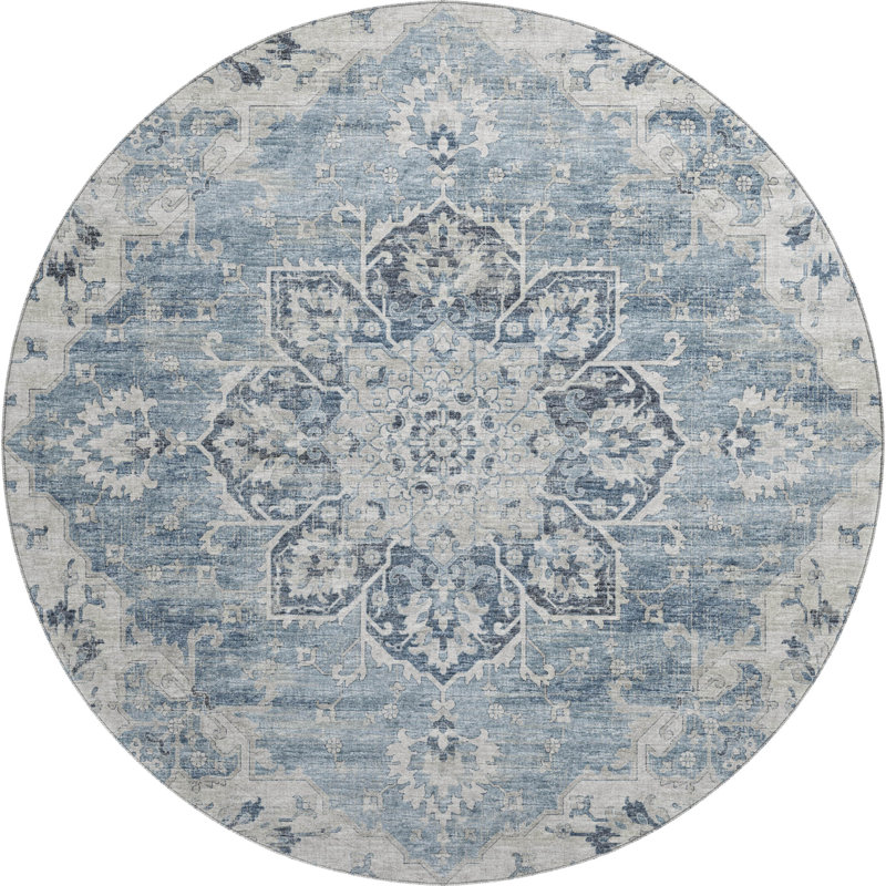 Premium Machine Washable Barayon AMF93 Blue Rug, Round 8'