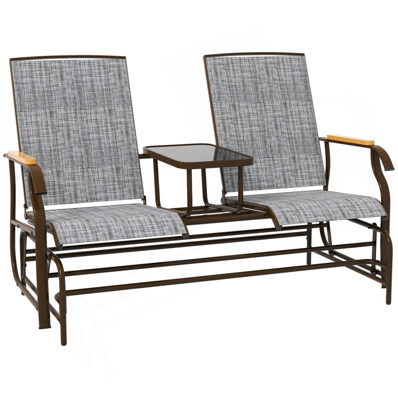 Outsunny 2 Person Outdoor Glider Bench, Patio Swing Glider Chair Loveseat with Breathable Mesh, Table, Steel Frame for Garden, Backyard, Porch, Gray