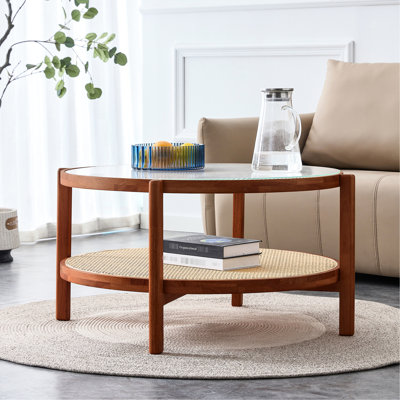 Table basse ronde moderne avec base en bois massif, plateau en verre artisanal et table à deux étages Pe