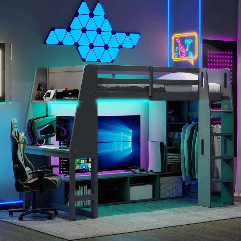 Wooden Gaming Loft Bed with Desk, Multi-Storage Shelves, LED Lights & Hanging Clothes Rack- Ideal for Bedroom, Dorm, and Home Office