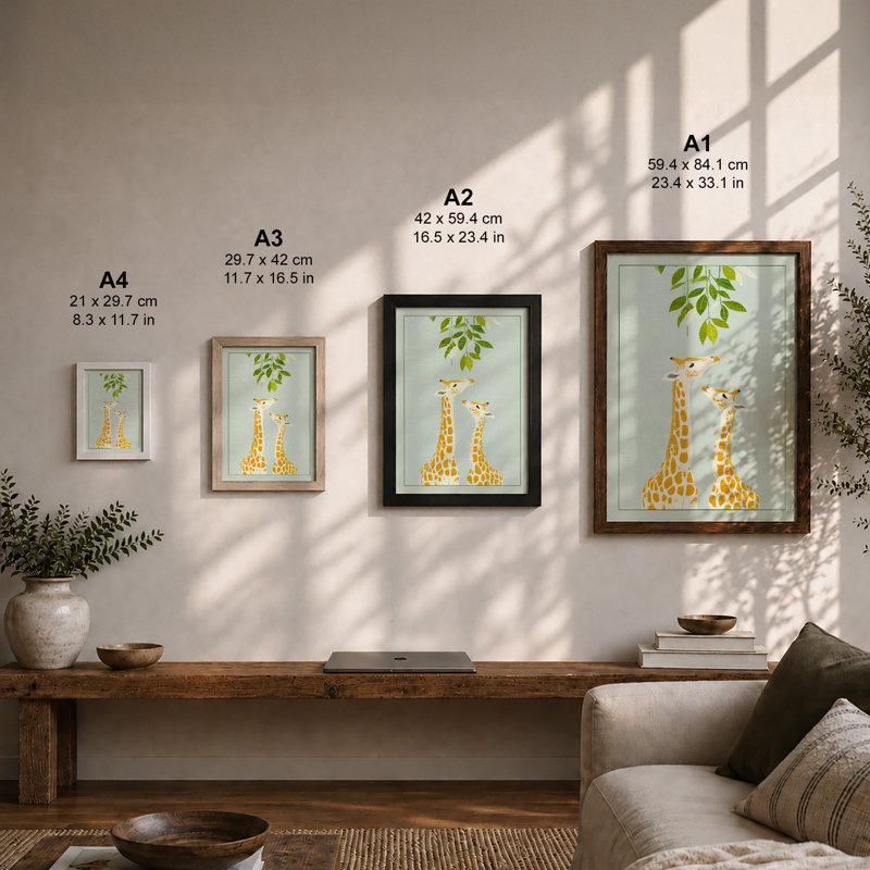 Giraffes Reaching High Minimalist 1 Piece Single Picture Frame Wall Art, A4 - 29.7 x 21.0 cm, White