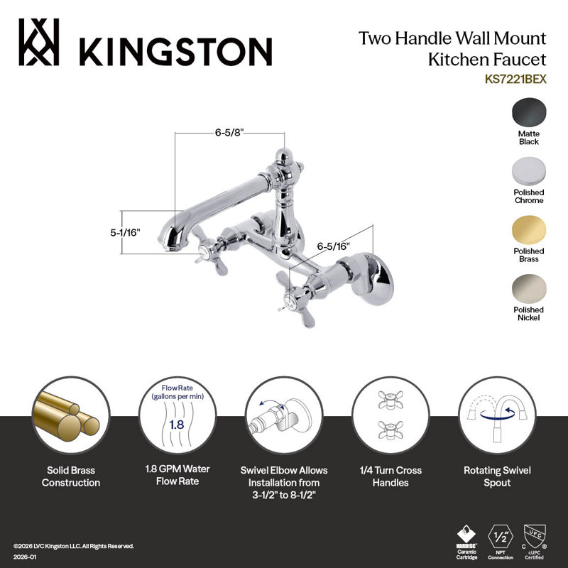 Kingston Brass Essex Double-Handle 2-Hole Wall-Mount Bridge Kitchen Faucet, Polished Brass