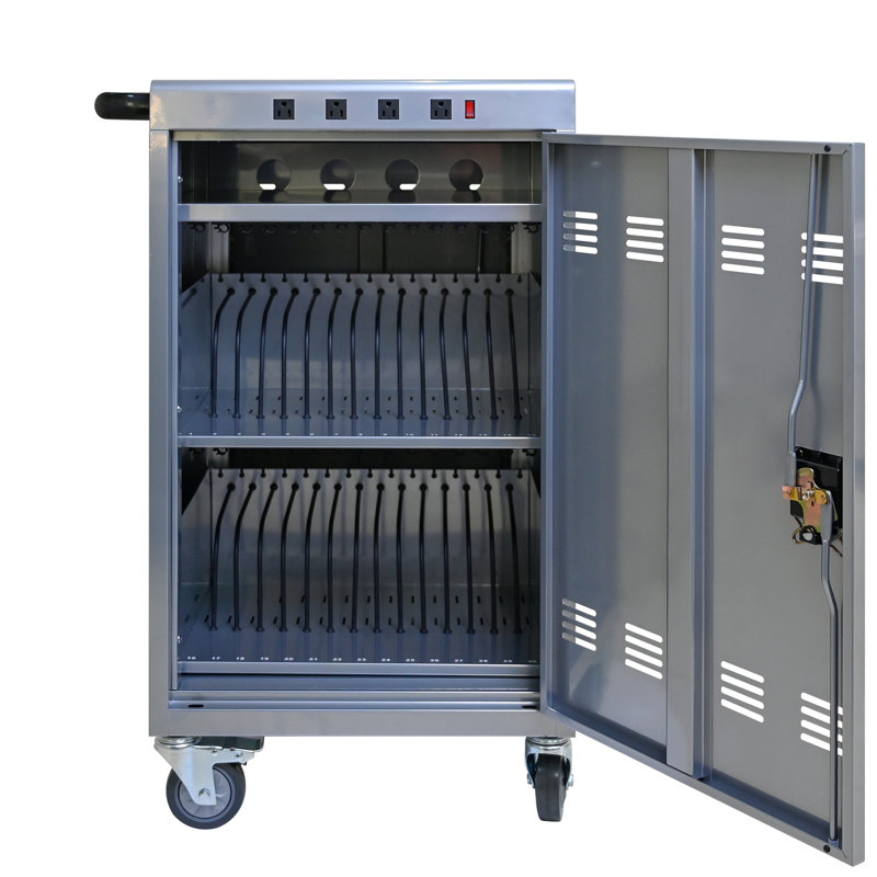 Armoire de charge pour tablette argentée - 35 chargeurs, verrous sécurisés, matériel de transport mobile