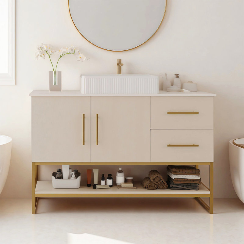 47" Modern Bathroom Single Vanity With Ceramic Vessel Sink, All-In-One Set With Storage Drawers & Gold Handles