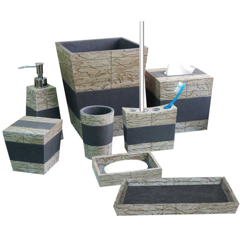 Ensemble de meuble-lavabo en ciment pour comptoir de meuble-lavabo, ensemble de coton-tige 8 pièces de luxe, porte-savon, porte-brosse à dents, gobelet, pompe à savon, corbeille à papier, boîte à mouchoirs, plateau | Finition pierre antique
