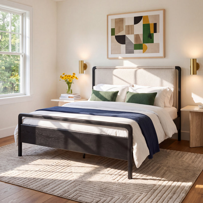 Karsten Upholstered Top Grain Leather Standard Bed, Queen, Knoll Sand/Ebony Oak Veneer