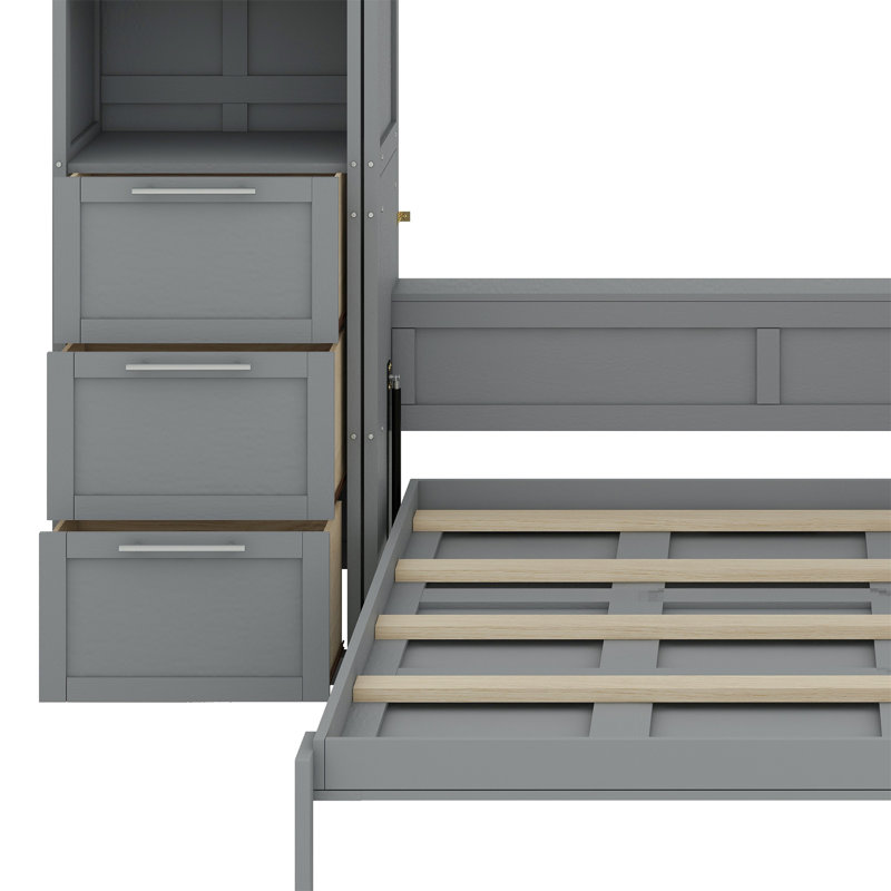 Lit escamotable Murphy avec placard, tiroirs et tablettes, Gris