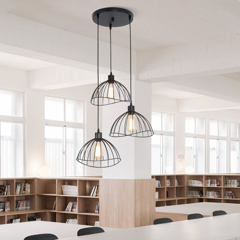 3 Lights Black Farmhouse Cage Pendant Light Vintage Modern Light Round Base