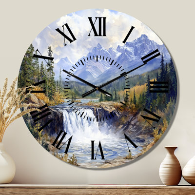 Canadian Rockies with Waterfall View - Rustic Non-Ticking Metal Wall Clock