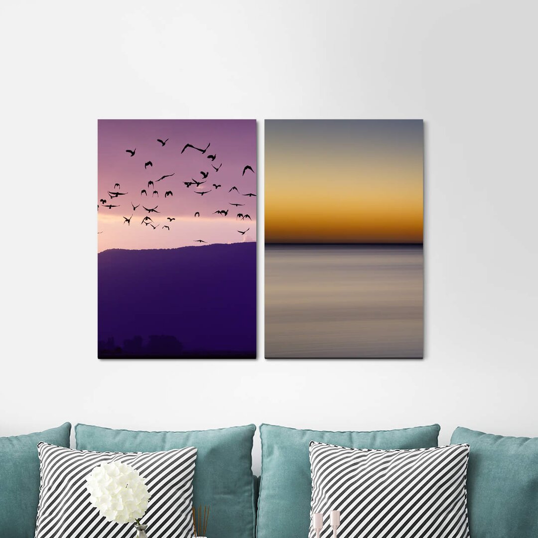 2-tlg. Leinwandbilder-Set - Fotografie „Swarm of Birds Mountains Horizon Minimal Sunset”