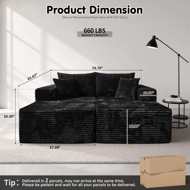 Canapé-lit rembourré Nathasa Boneless 74,79 po avec oreiller, aucun assemblage requis, canapé de compression moderne avec double matelas pour salon
