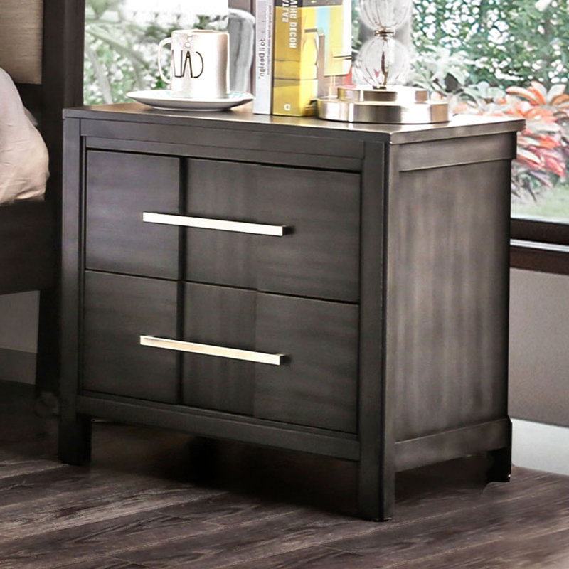 Table de chevet transitionnelle grise 1 pièce moderne avec 2 tiroirs, plateau doublé de feutre, bois massif et assemblage facile pour la chambre à coucher, quincaillerie en nickel contemporaine, décor simple