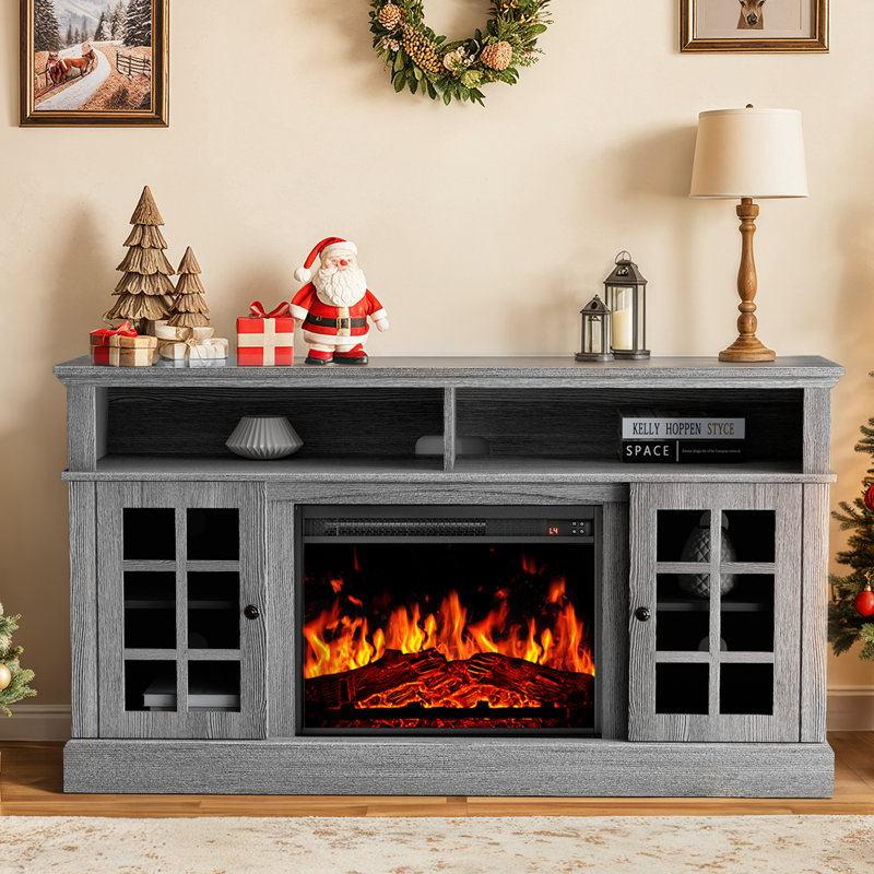 Meuble télé pour téléviseur de 70 po ou moins avec foyer électrique Anias, Gris, H 31,9 po x l 56,3 po x P 15,75 po