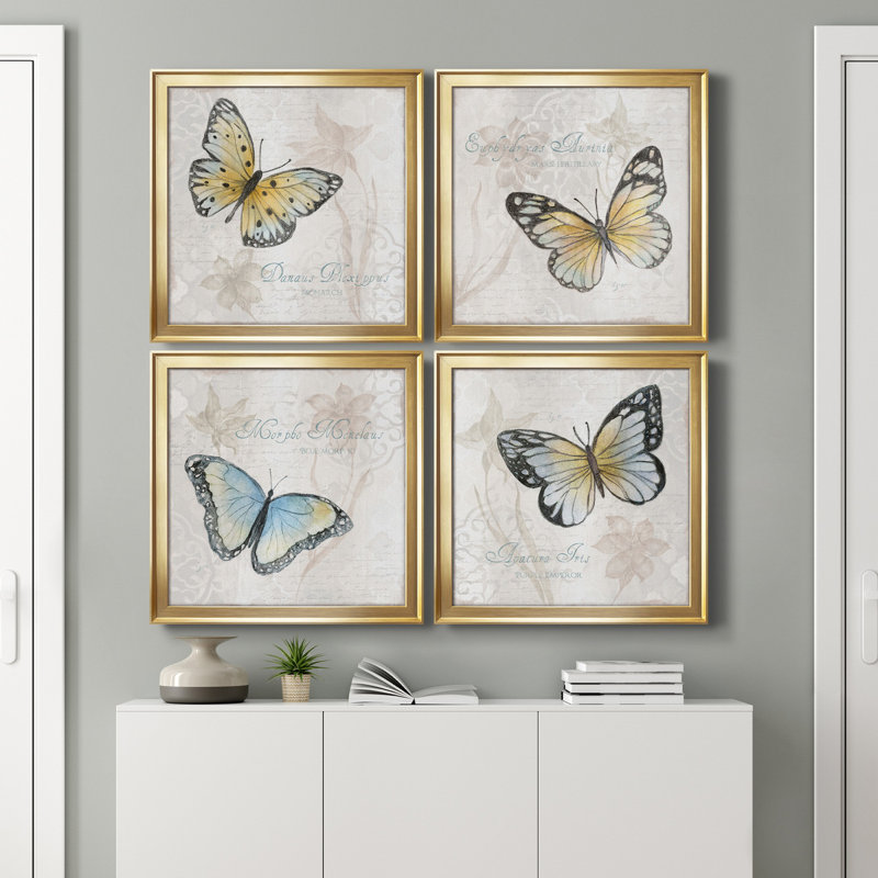 Carte postale papillon I - ensemble de 4 peintures sur toile encadrées, Or, H 34,5 po x l 138 po x P 1,5 po