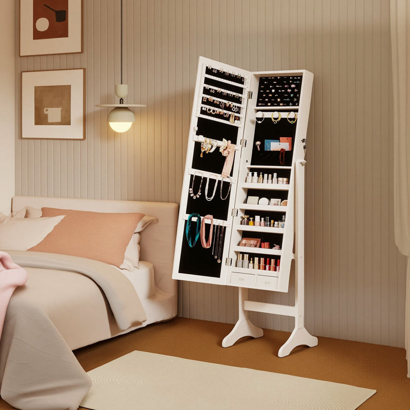 Armoire à bijoux pleine grandeur 60 po avec serrure, miroir inclinable réglable et intérieur en velours, Blanc