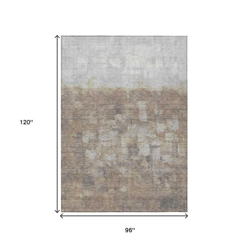 Tapis taupe et argent à motif abstrait lavable pour l'intérieur et l'extérieur, Rectangulaire 8 pi x 10 pi