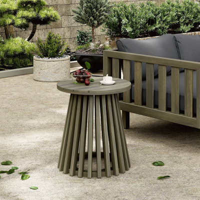 Table d'appoint d'extérieur en bois d'acacia pour le patio, table basse ronde pour la cour arrière, pelouse, balcon, finition grise