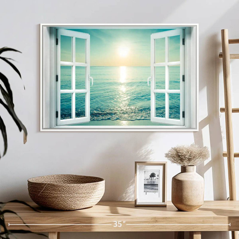 Fenêtre sur le paysage marin, 25 po x 17 po, Cadre flottant blanc