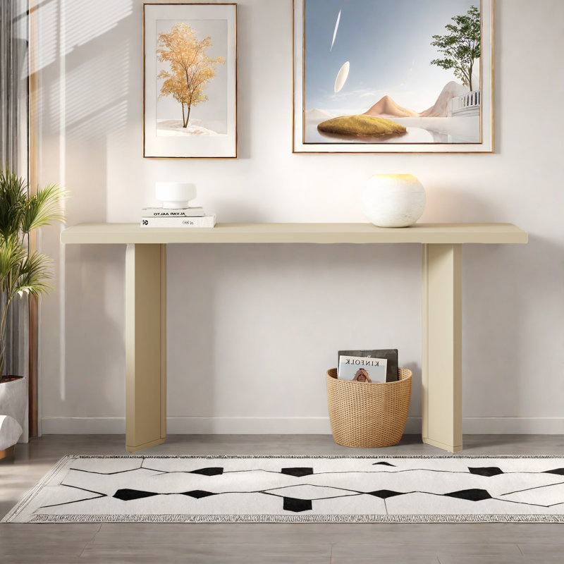 Console moderne avec structure de forme géométrique et grain de bois, Beige