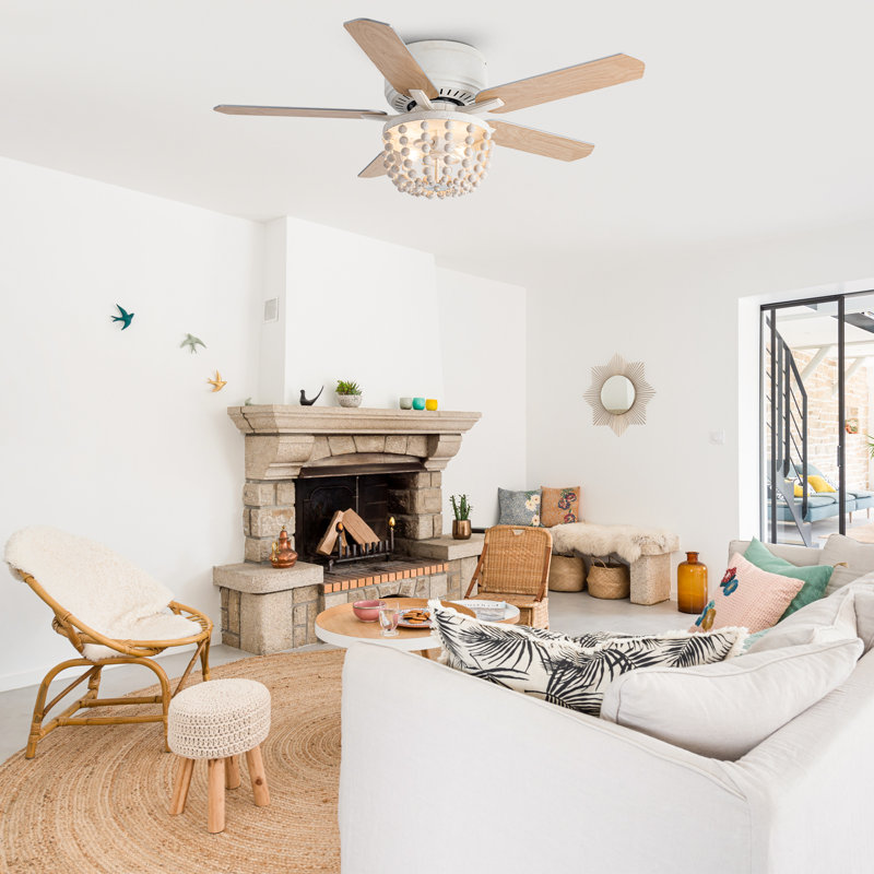 48" Boho 2-Light White Beaded Flush Mount Caged Ceiling Fan with Remote Control, Double-Sided Blades, 3 Speeds Reversible Motor, Timer, Low-Profile Ceiling Fan
