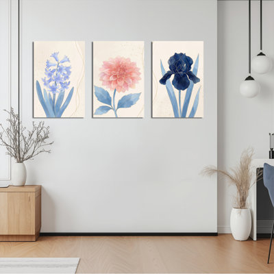 Ensemble de 3 tableaux muraux sur toile tendue, motif floral : jacinthe bleue, dahlia rose et iris marine