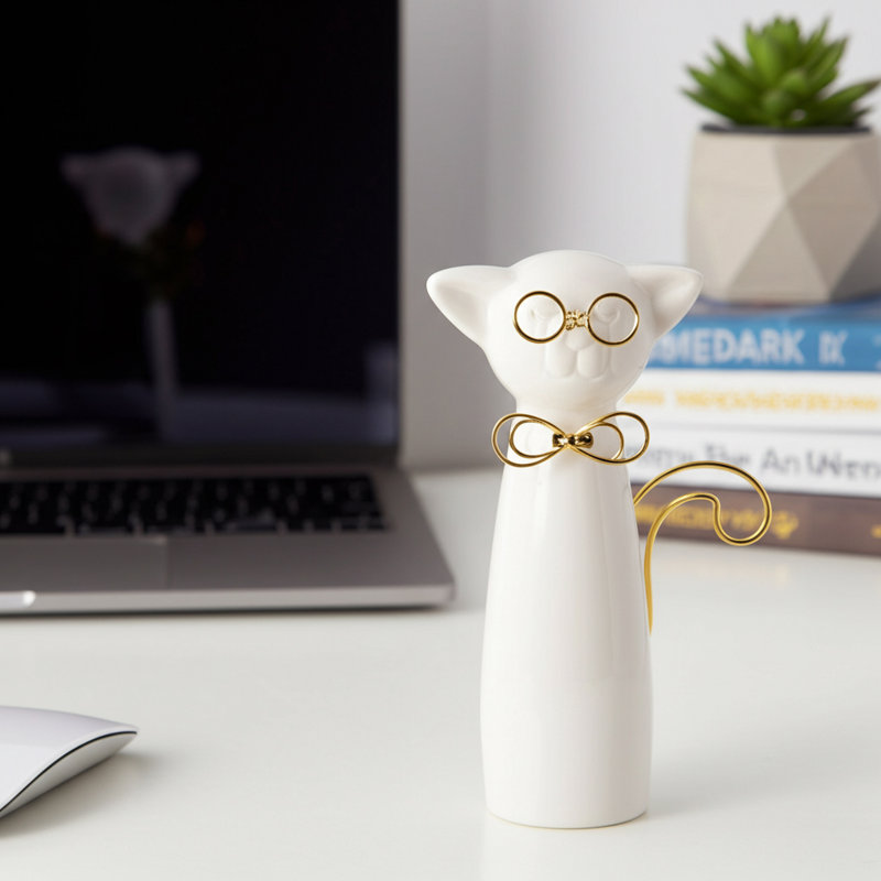 Elegant Ceramic Cat Figurine Statue for Home Decor - Decorative Object Sculpture for Office, Tabletop, and Living Room Decoration - White & Gold