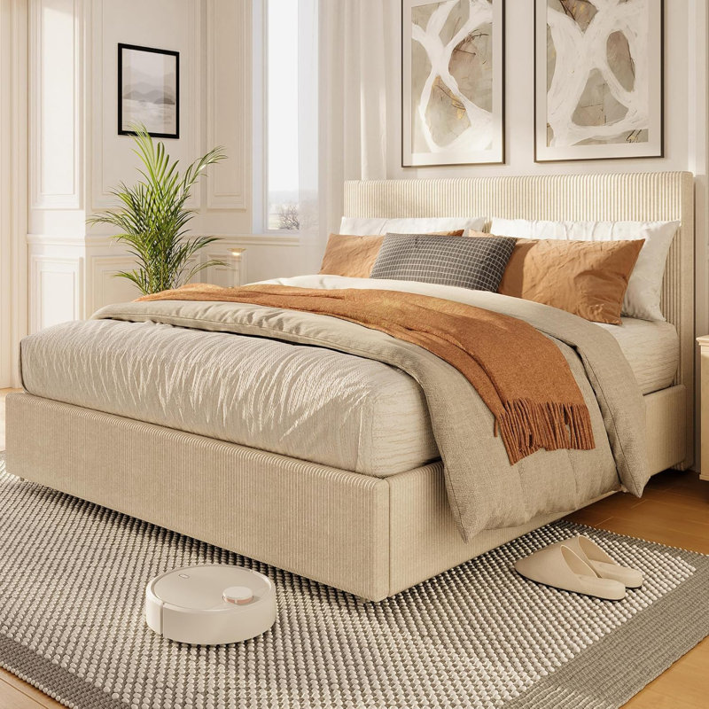 Bed Frame, Full/Queen/King Platform Bed w/ 4 Storage Drawers, Upholstered Corduroy Channel Tufted Headboard Bed Frame w/ Strong Wooden Slat Support