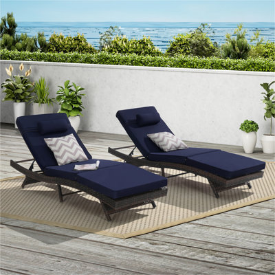 Outdoor Wicker Long Reclining Chair Set of 2 , Wicker Reclining Lounge Chair Lawn Sunbathing Chairs Recliner up to 150°  Beach Poolside Garden