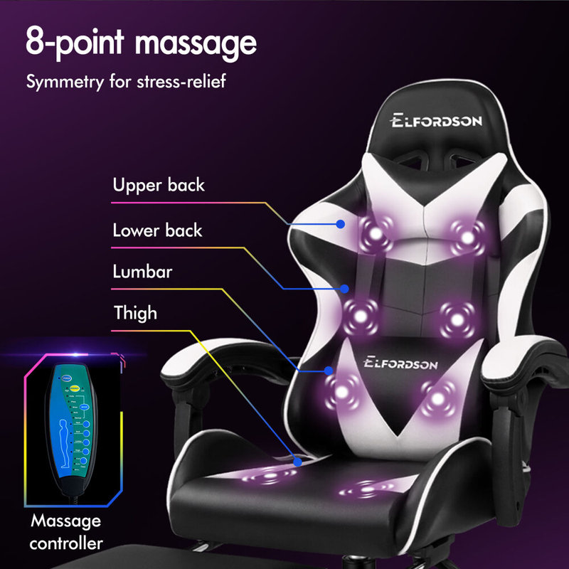 ELFORDSON Adjustable Reclining Swiveling PC & Racing Game Chair with Footrest, White