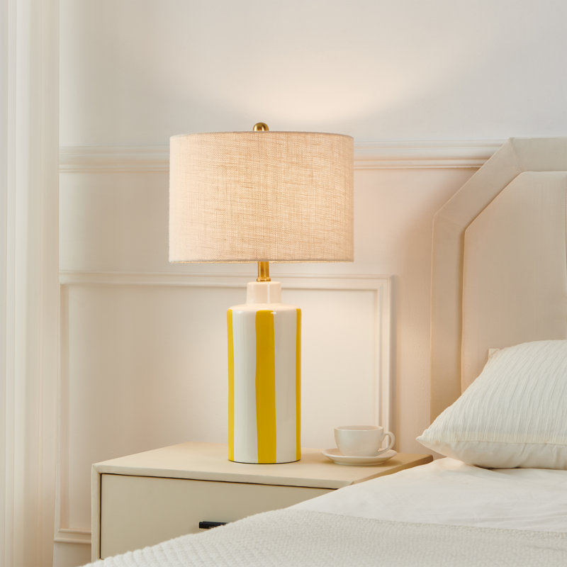 Modern Yellow Ceramic Table Lamp With Linen Drum Shade, 26" H x 14" W x 14" D