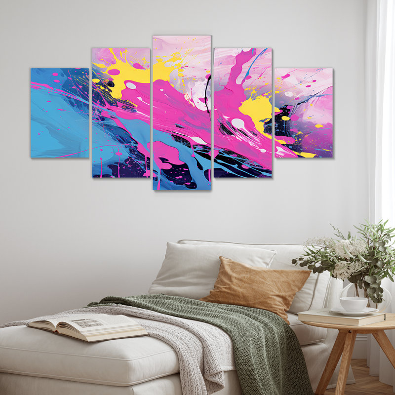 «Pink Blue Paint Splash Pop Art», art mural abstrait 5 pièces, H 32 po x l 60 po
