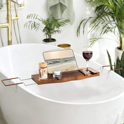 Teak Bathtub Tray Expandable Bathroom Tray,Light Walnut
