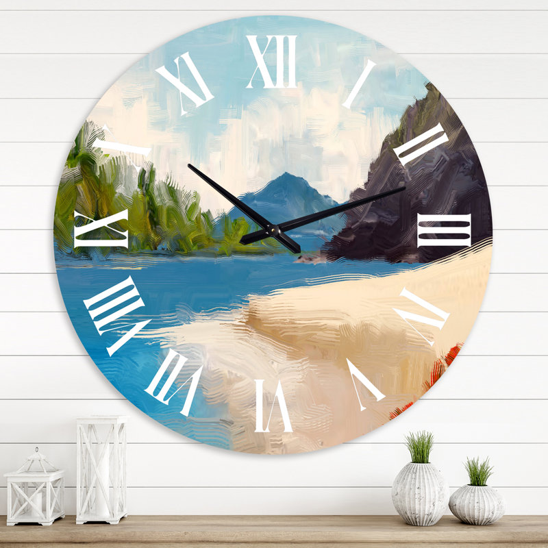 Seascape Beach avec MountaIn et fleur rouge - horloge murale traditionnelle, Surdimensionné
