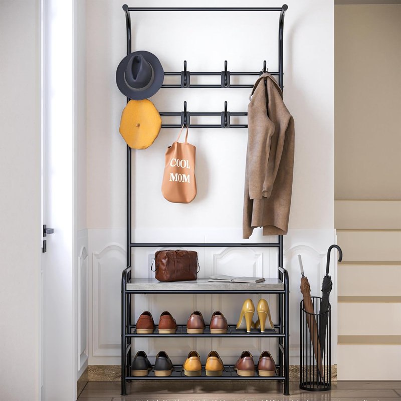 4-in-1 Hall Tree with Bench, 8-Hook Coat Rack & Shoe Storage for Entryway, Small Spaces & Apartments, Gray