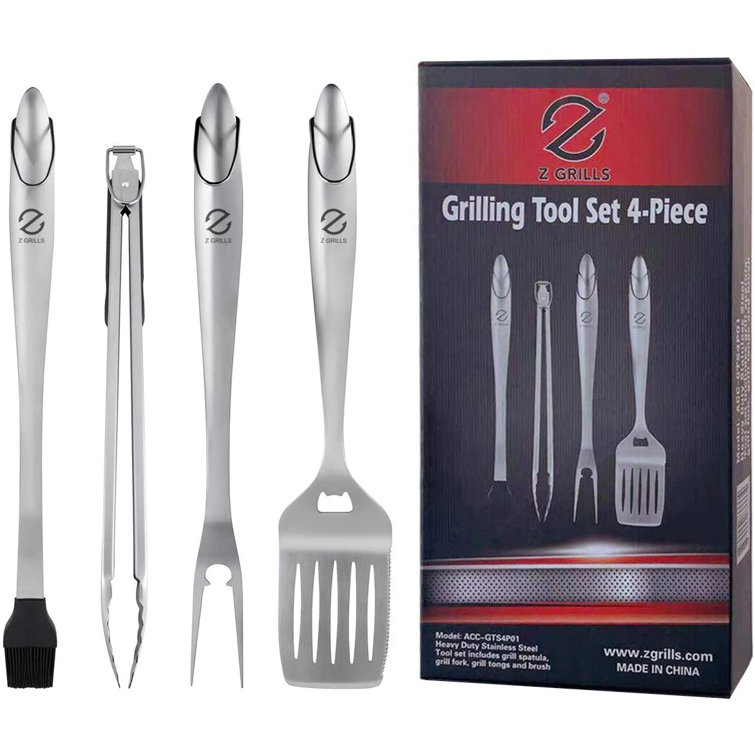 4pc BBQ Tool Utensil Set, Stainless Steel by Pure Grill - Silver
