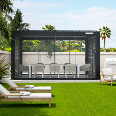 Pavillon de jardin permanent en métal L 10 pi. Pergola d'extérieur motorisée D Power + Pro avec volets à 2 parois et portes coulissantes en verre