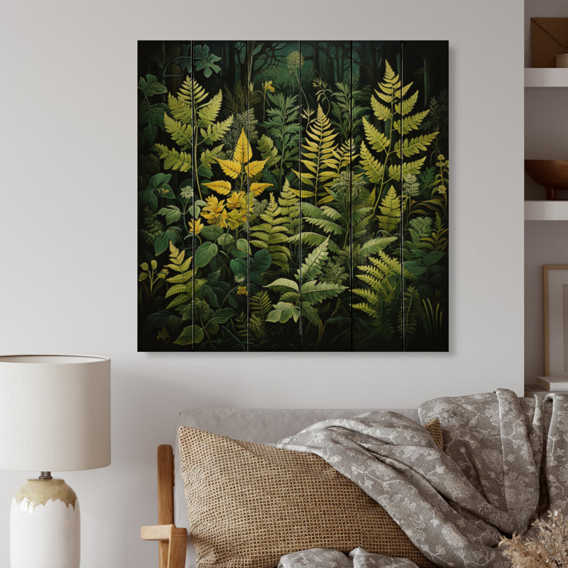 Fougères vertes et noires à contraste dynamique VI sur bois, H 35 po x l 35 po x P 0,78 po