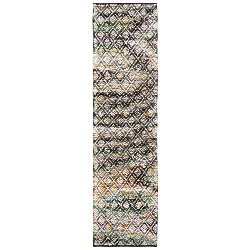 Natura Hand Woven Wool/Cotton Geometric Rug in Black/Yellow/Ivory, Runner 2'3" x 9'