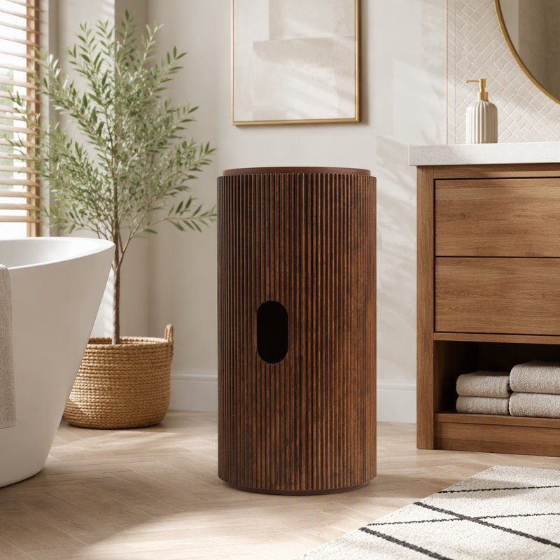 Meuble de salle de bain cylindrique autoportant, colonne de 40 cm, aspect noyer, sans robinet ni bonde., Noyer foncé